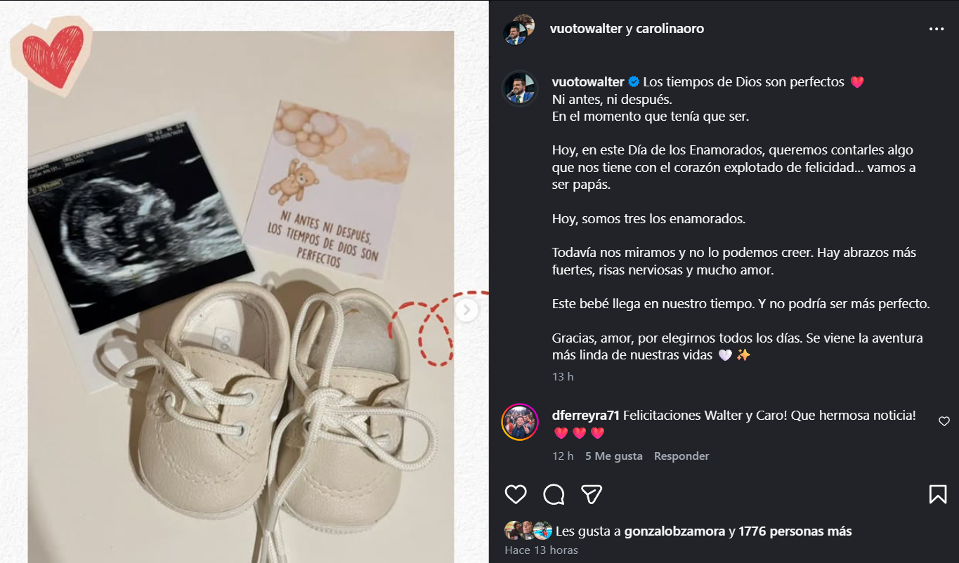 Walter Vuoto anunció que será papá por tercera vez junto a su actual pareja, Carolina Oro